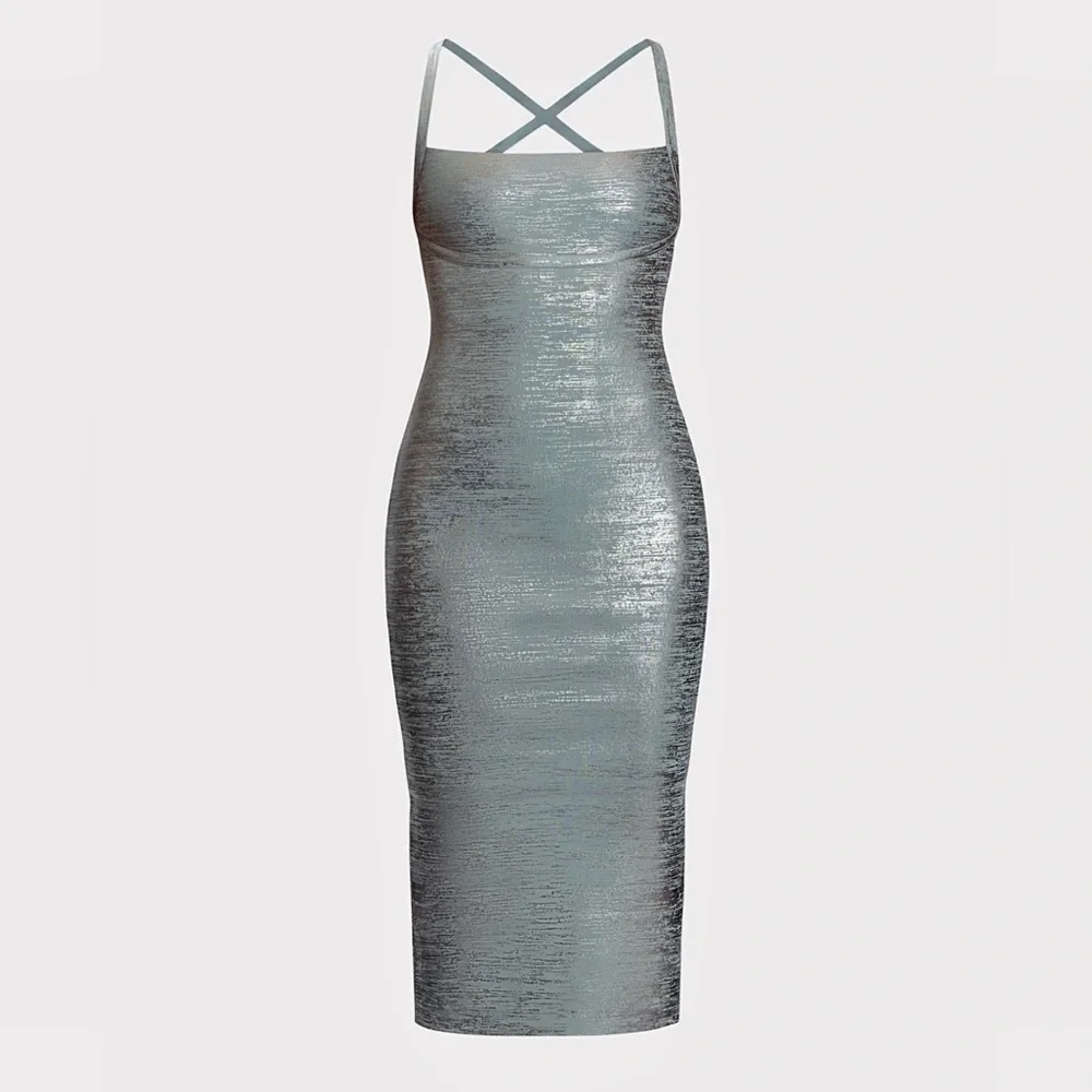 BNWT! Herve Leger Vinyl Foil Midi Dress in Smoke Foil SZ. Large - Picture 2 of 8